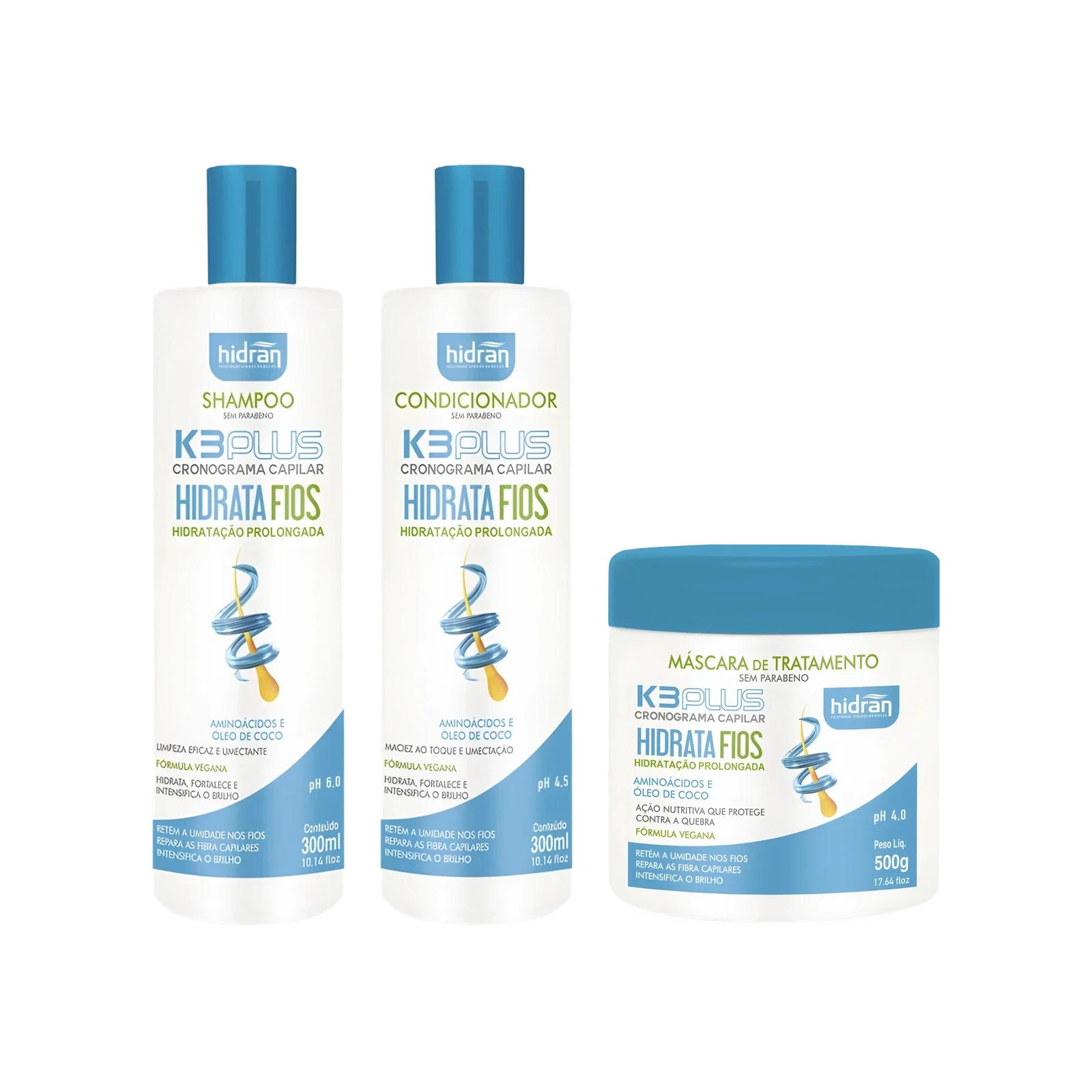 Kit Hidratação K3 Plus Hidrata Fios Shampoo + Condicionador + Máscara de Tratamento