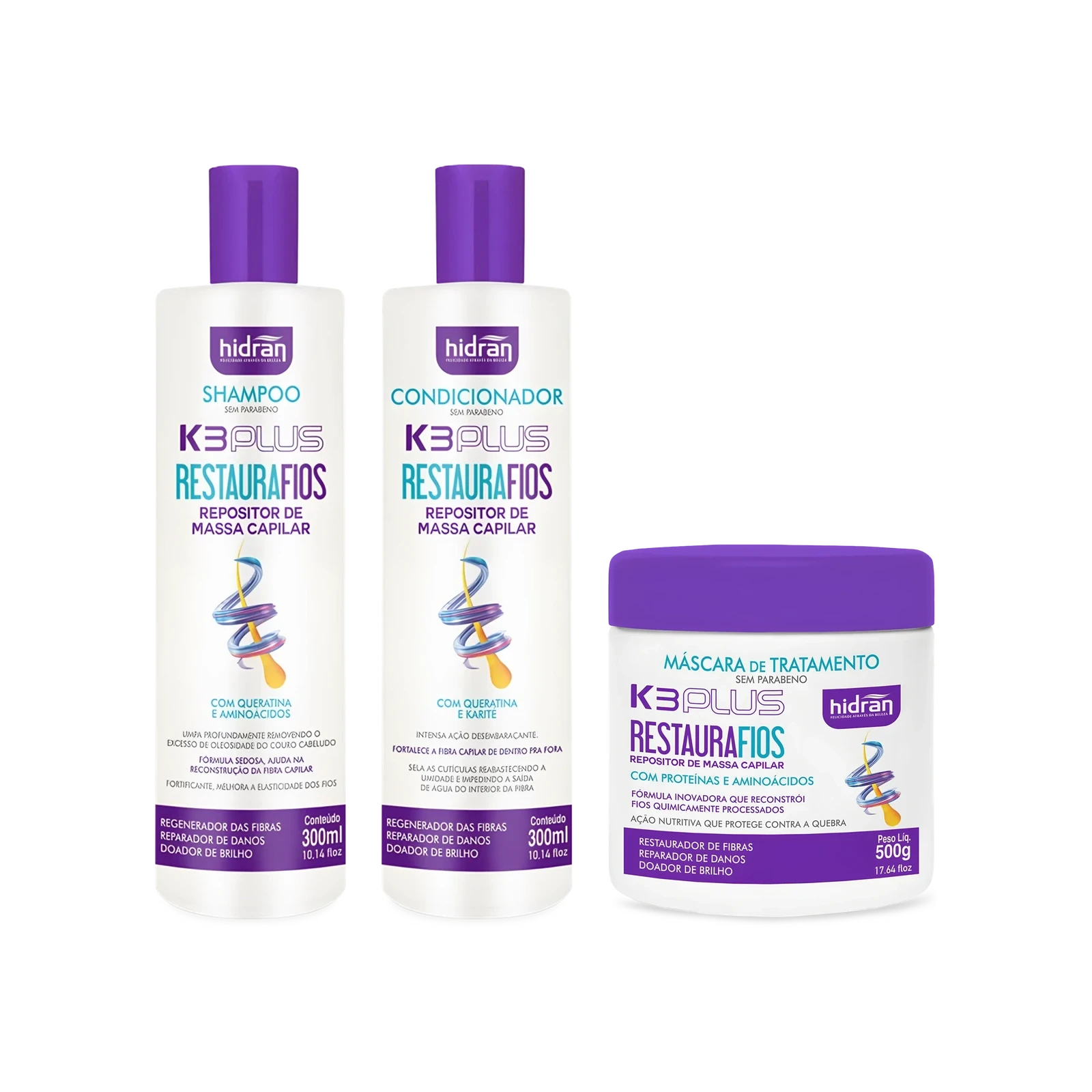 Kit Reconstrução K3 Plus Restaura Fios Shampoo + Condicionador + Máscara de Tratamento
