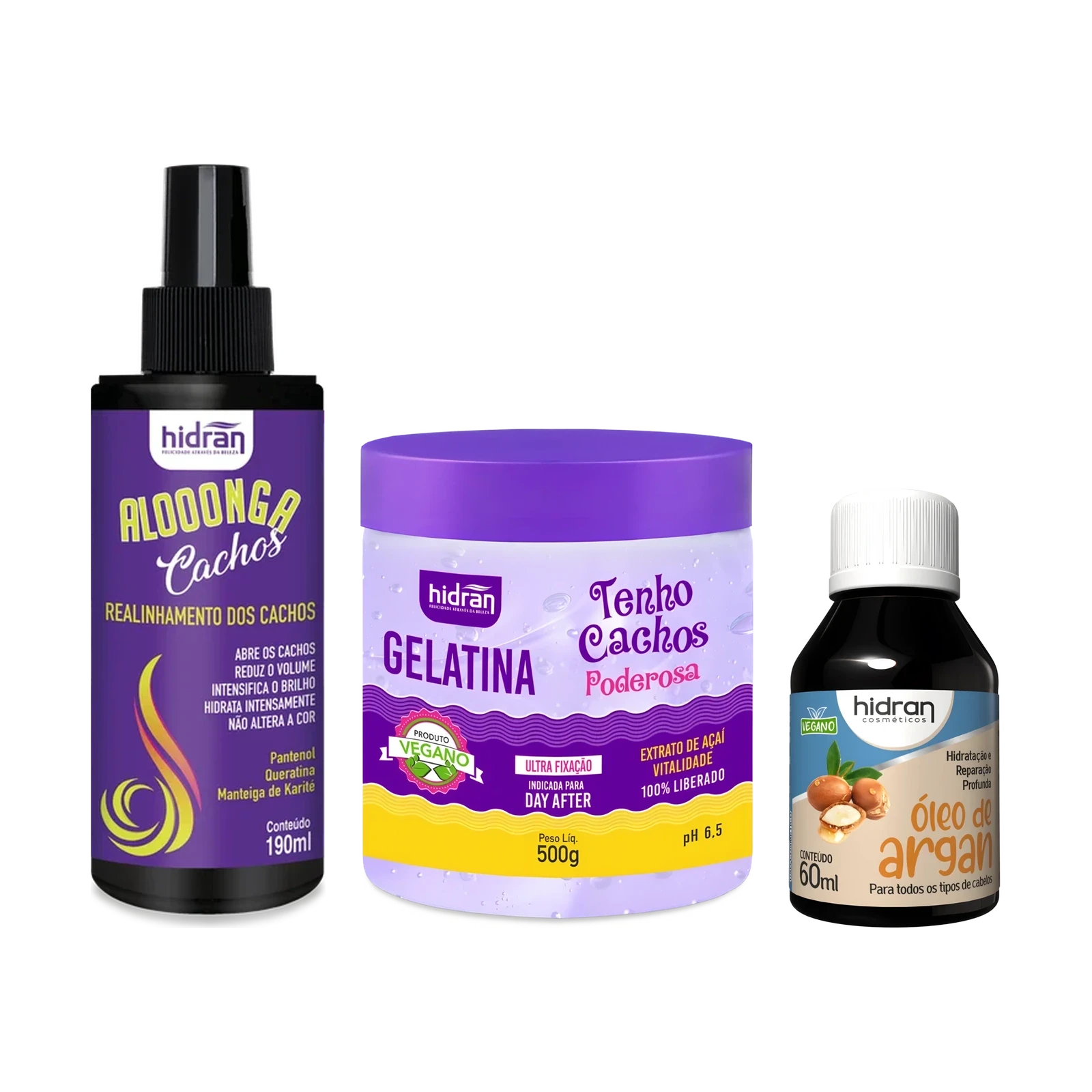 Kit Cachos com Brilho Alooonga Cachos + Gelatina Açaí + Óleo de Argan